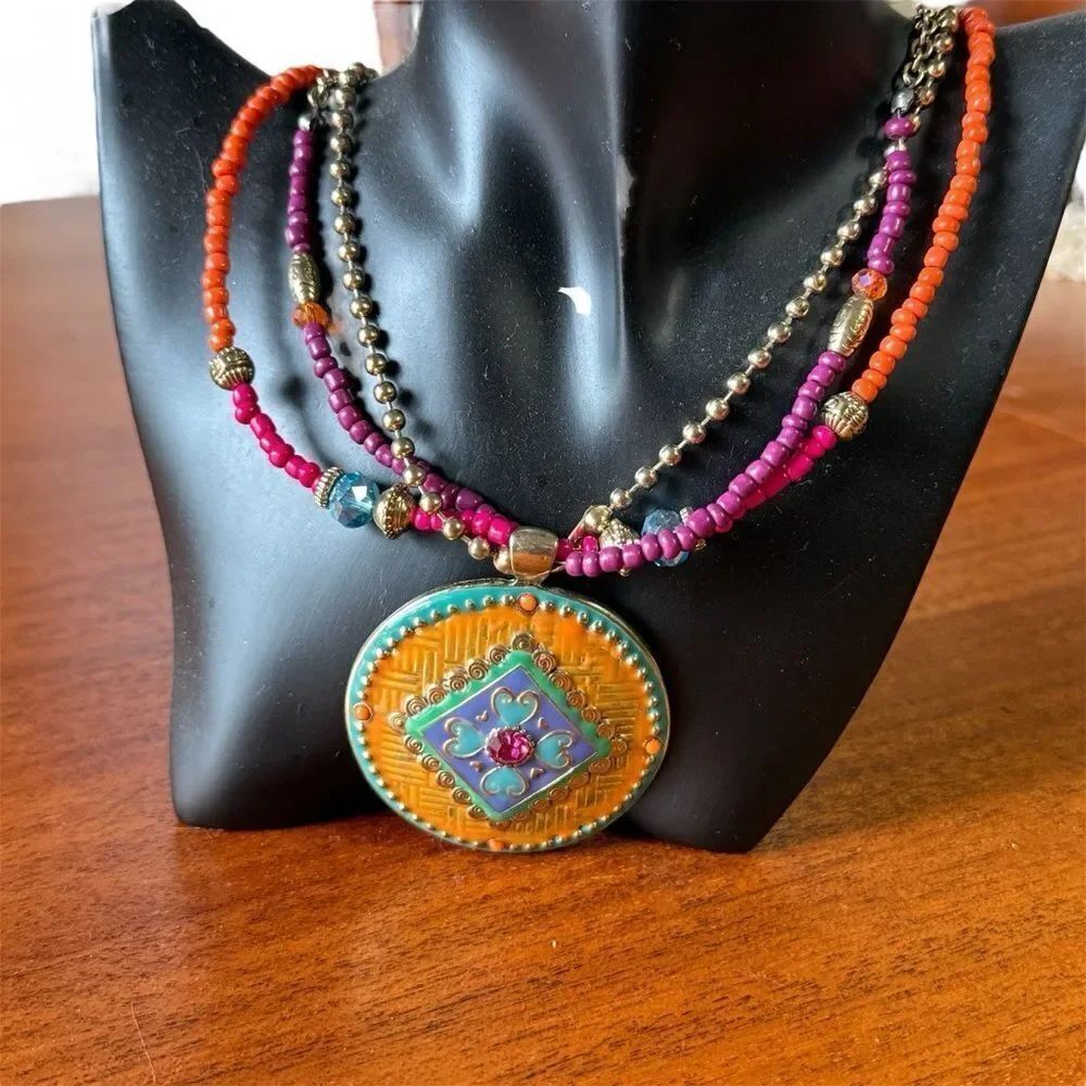 Multicolor Beaded Multi Layer Pendant Necklace Orange Aqua Pink Gold Purple